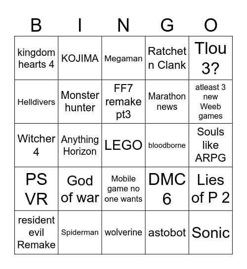 State of play 2026 Bingo Card