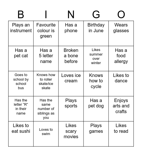 Class Bingo Card