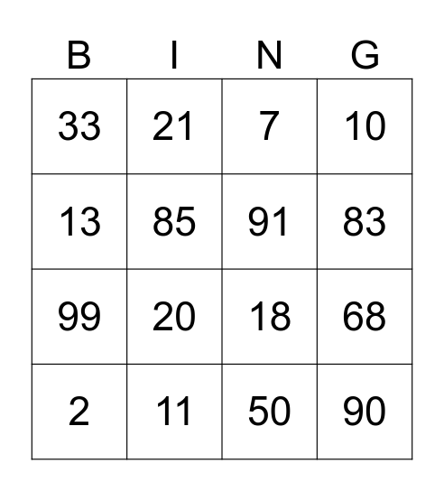 1 TO 100 Bingo Card