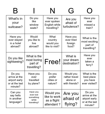 Travel Bingo - grades 7+ Bingo Card