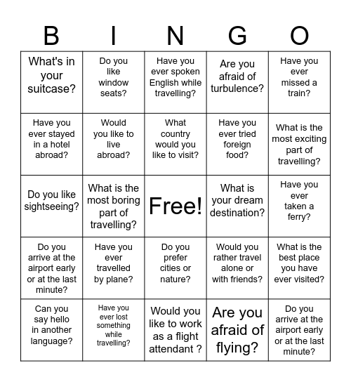 Travel Bingo - grades 7+ Bingo Card
