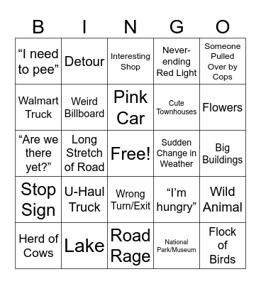 Road Trip Bingo Card