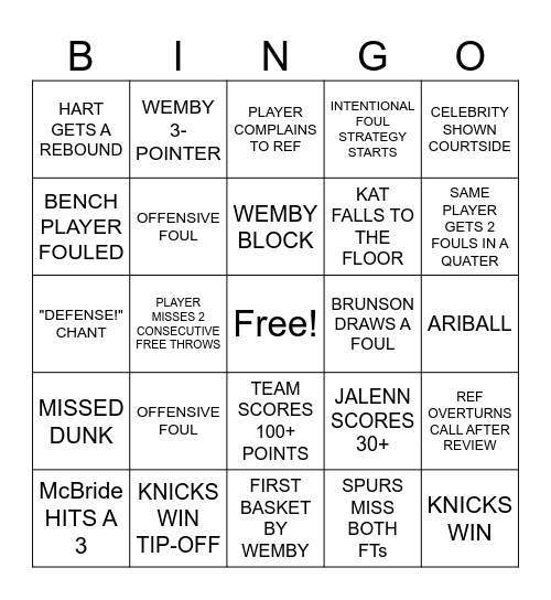 KNICKS VS SPURS Bingo Card
