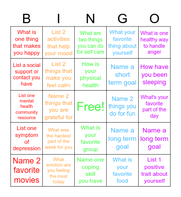 Mental Health Bingo Card