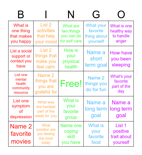 Mental Health Bingo Card