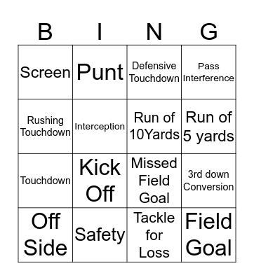 Super Bowl Bingo Card