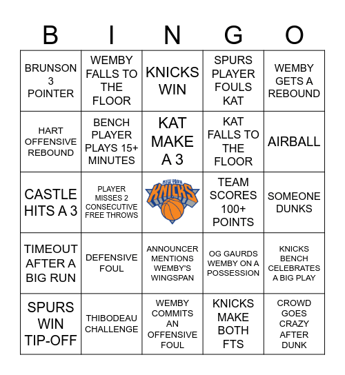 KNICKS VS SPURS Bingo Card