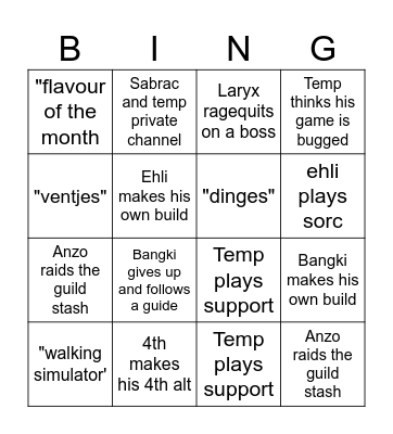 Path of exile league starter Bingo Card