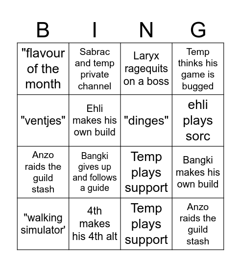 Path of exile league starter Bingo Card