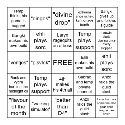 Path of exile league starter BINGO Card