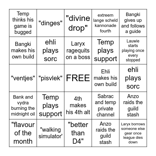 Path of exile league starter BINGO Card
