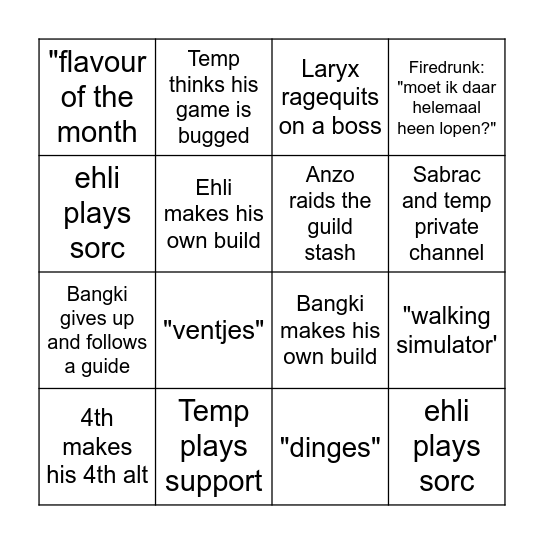 Path of exile league starter BINGO Card