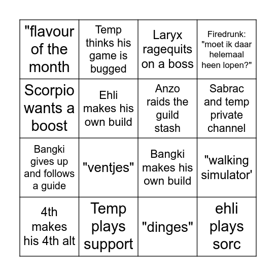 Path of exile league starter BINGO Card