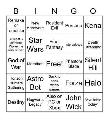 State of Play Bingo Card