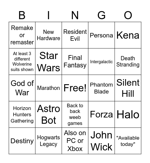 State of Play Bingo Card