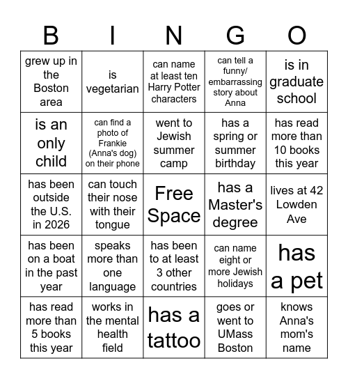 Anna's 26th Bingo Card