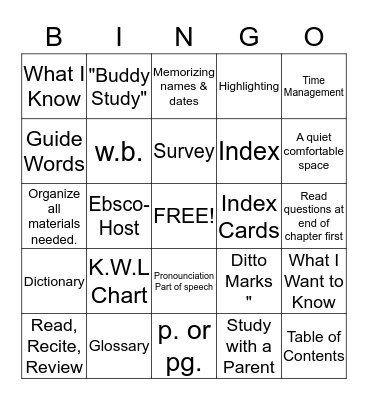 Study Skills Bingo Card
