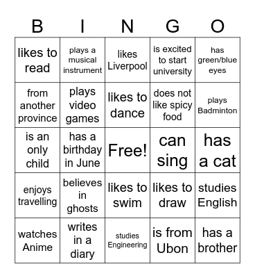 UBU English Orientation Bingo Card
