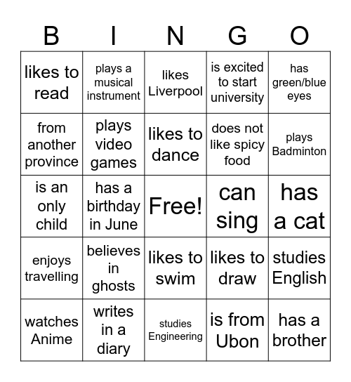 UBU English Orientation Bingo Card