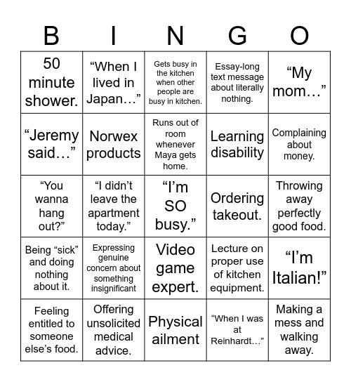 Living with Lindsay Bingo Card