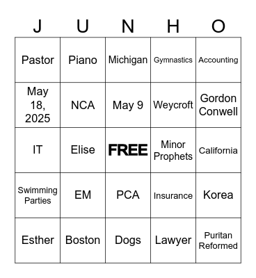 Lee Family Bingo Card