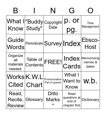 Study Skills Bingo Card