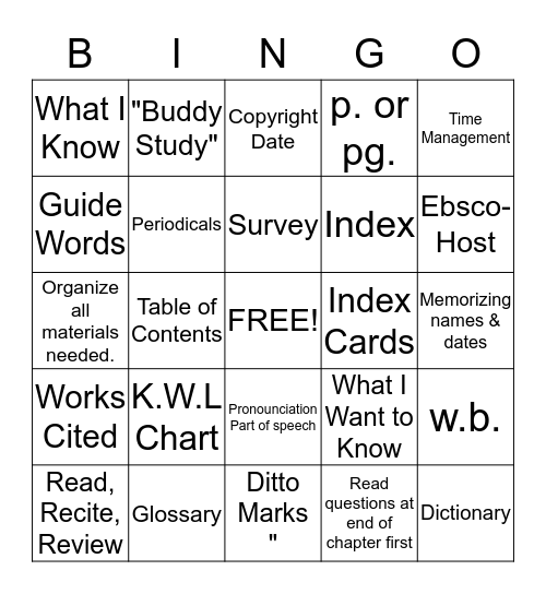 Study Skills Bingo Card