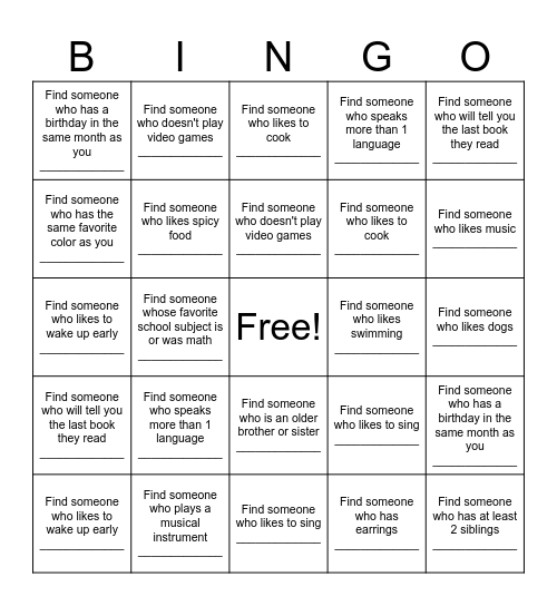 Find a Friend Bingo Card