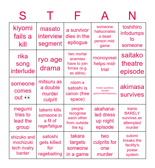DR:NN Predictions (incl. Daily Life & Deaths) Bingo Card