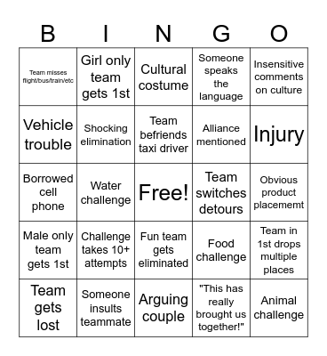 Amazing Race Bingo Card