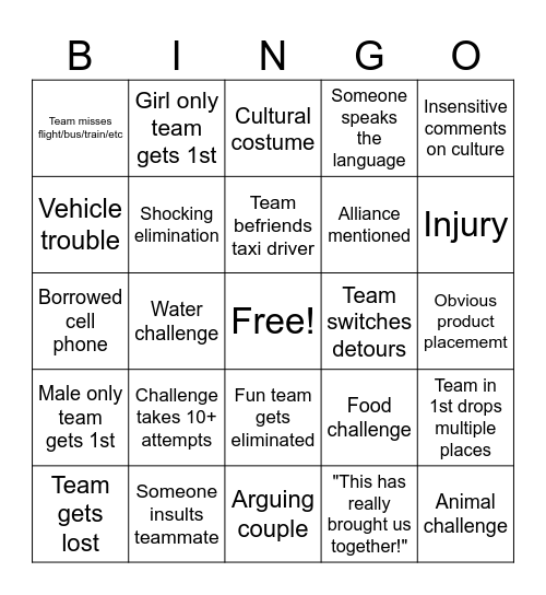Amazing Race Bingo Card