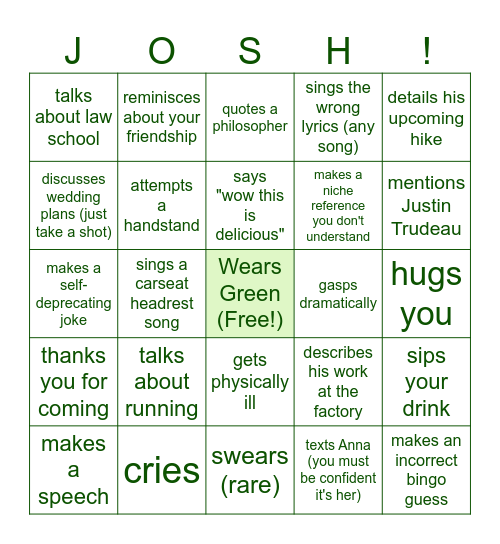 Joshua John Lee Watson Bachelor Bingo Card