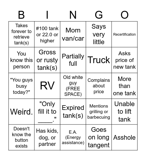 Propane Bingo Card