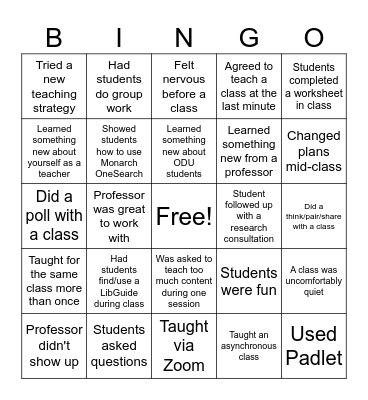 Library Instruction Bingo Card