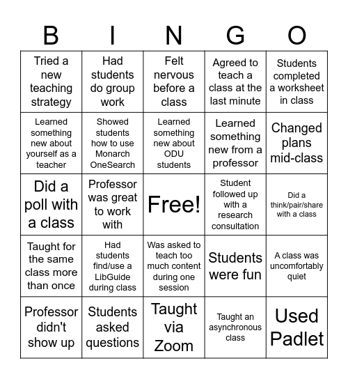 Library Instruction Bingo Card