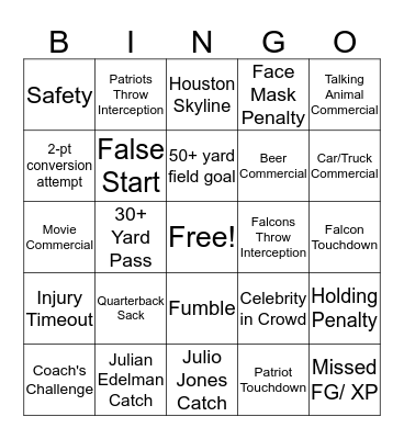 Super Bowl LI Bingo Card