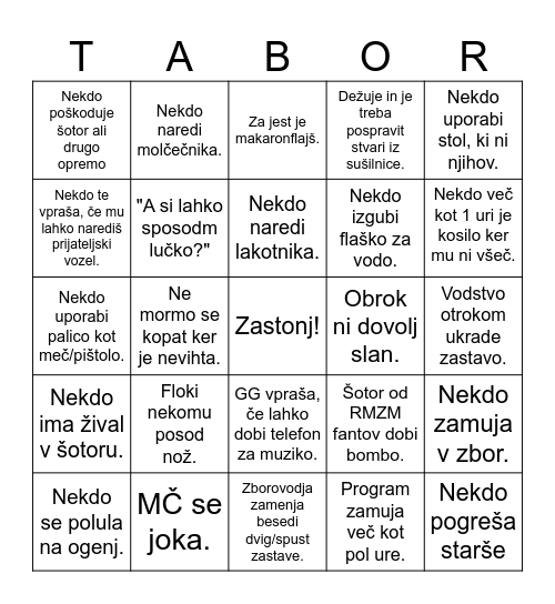 Taborniški bingo Card