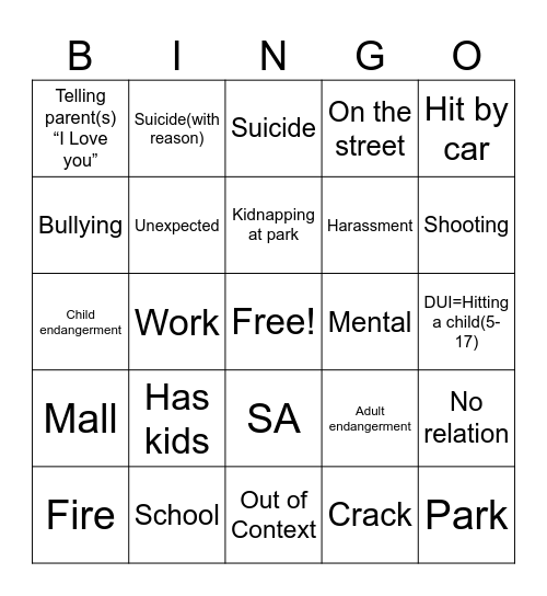 PSA Bingo Card