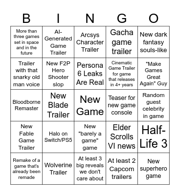 E3 Week Bingo Card