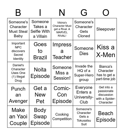 Marvel Multiverse RPG Bingo Card