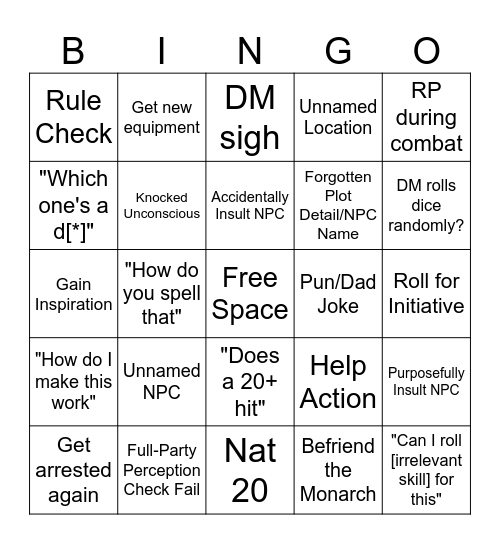 Dungeons & Dragons Bingo Card