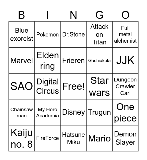 Comic con Cosplay Bingo Card