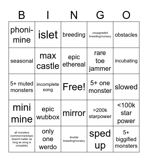 my singing monsters top islands Bingo Card