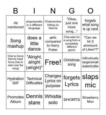 Dennis Live Stream Bingo Card