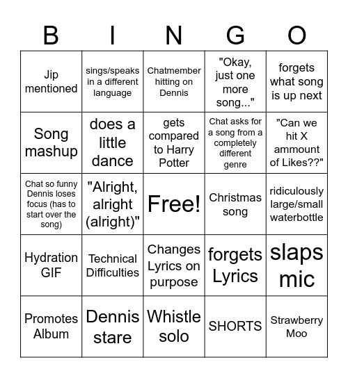 Dennis Live Stream Bingo Card