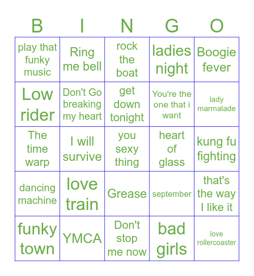 70's Dance Party Bingo Card