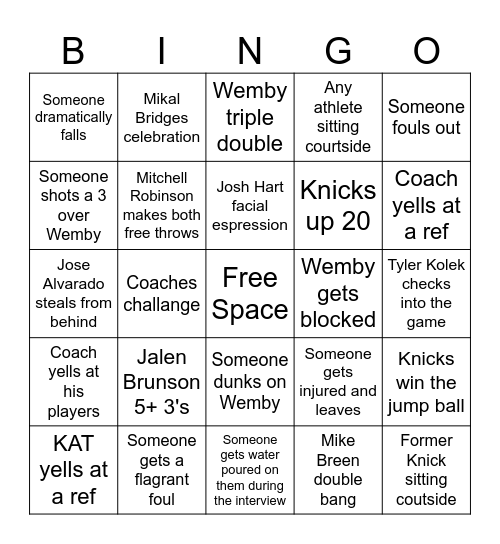 Knicks Game 1 Bingo Card
