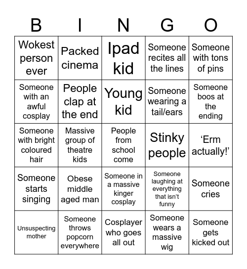 TADC Movie Bingo Card