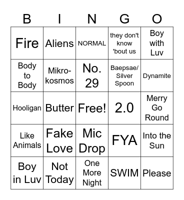 BTS Song Bingo! Bingo Card