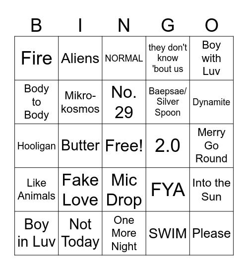 BTS Song Bingo! Bingo Card